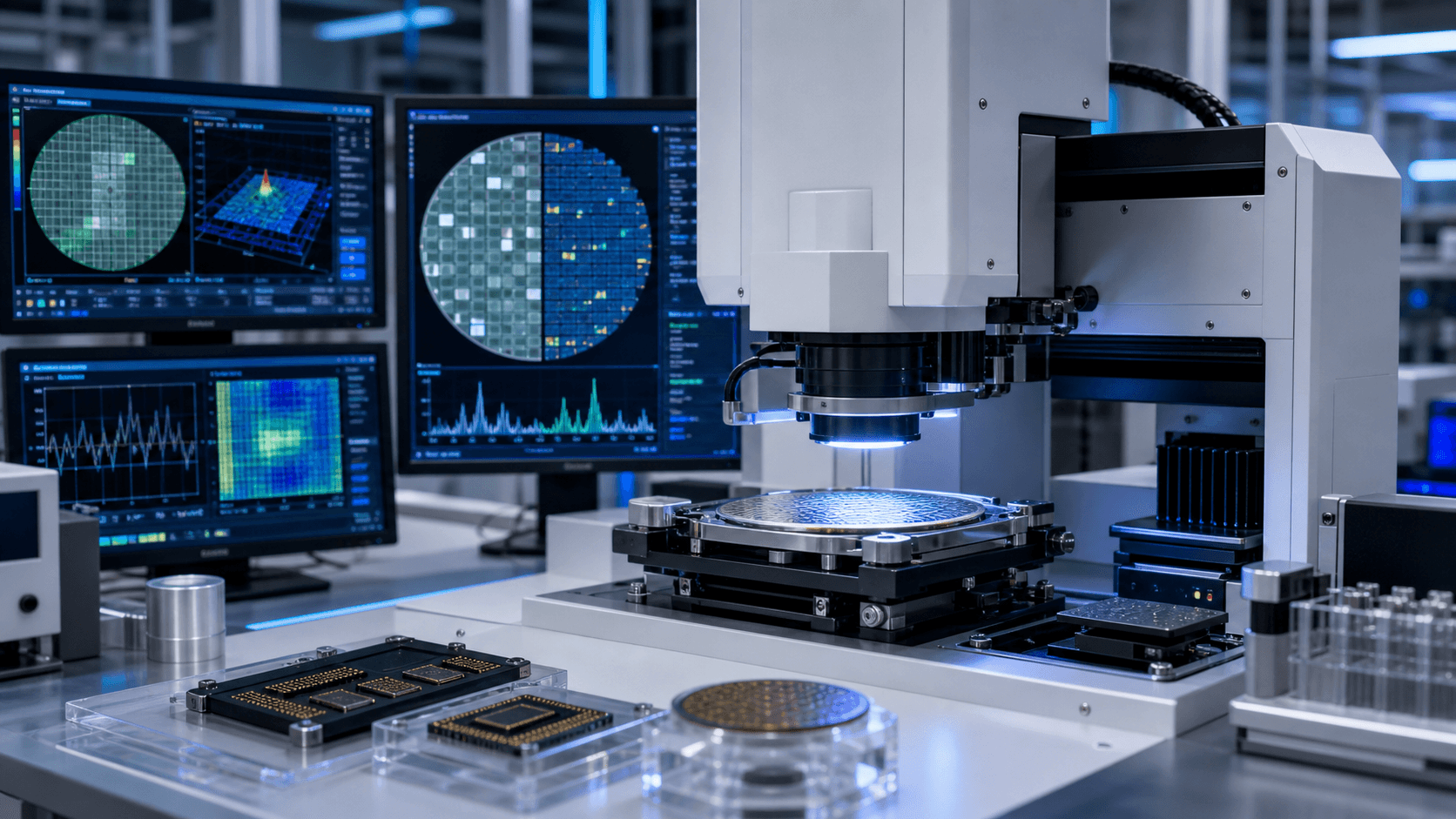High-speed ultrasonic semiconductor inspection system scanning a wafer and electronic packages